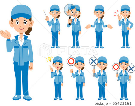 作業着の女性の9種類の表情 65423161