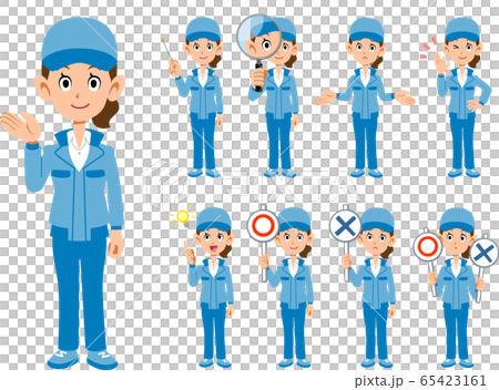 作業着の女性の9種類の表情 65423161