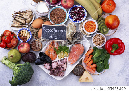 Pescetarian diet with seafood, fruit and vegetables Pescetarian diet with seafood, fruit and vegetables 65423809