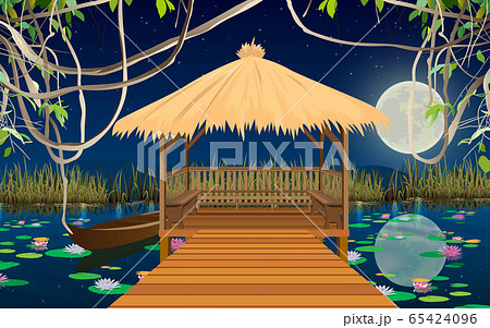 landscape of wooden cottage in the river in full moon night 65424096
