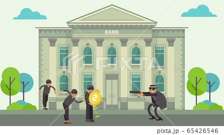 Bank robbery by thieves, crime committed by armed criminals, robbers stole money, design, cartoon style vector illustration. 65426546