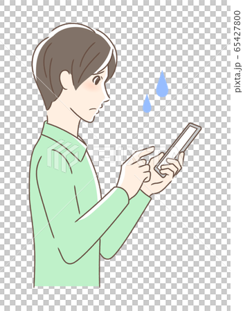 スマホを操作して不安な男性の横顔のイラスト素材