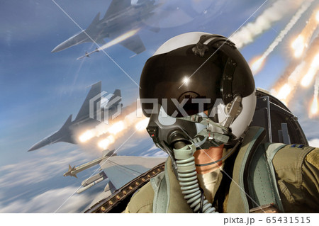 Pilot cockpit view during air to air combat  65431515