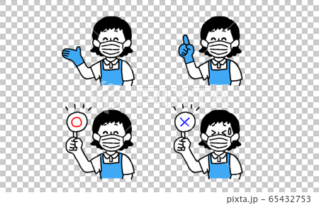 エプロンとマスク、衛生手袋を着用した女性セット（シンプル） 65432753