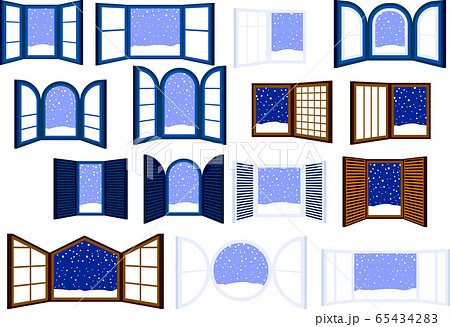 開いた窓 窓枠 フレーム 冬 雪 クリスマス イラスト セットのイラスト素材