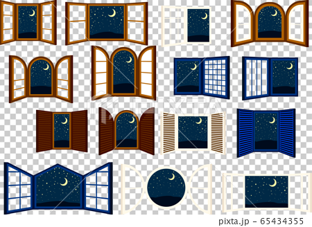 開いた窓 窓枠 フレーム 夜 星空 ムード イラスト セットのイラスト素材