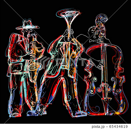 Jazz band with saxophone, trumpet and double-bass 65434619