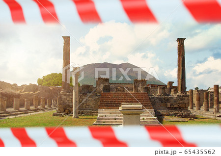 Closed Pompeii ruins with warning tape, Italy Closed Pompeii ruins with warning tape, Italy 65435562