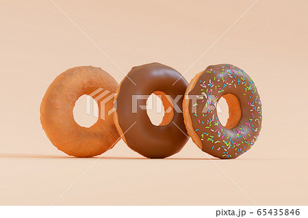 3D Render - Donuts stacked in different styles viewed at an oblique angle. Deep fried doughnuts without topping. Chocolate donuts with icing sprinkle on top. Donuts making process. 3D Render - Donuts stacked in different styles viewed at an oblique angle. Deep fried doughnuts without topping. Chocolate donuts with icing sprinkle on top. Donuts making process. 65435846