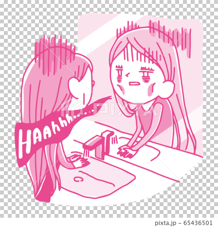 Illustration of a tired female employee having a reflection meeting in the bathroom 65436501