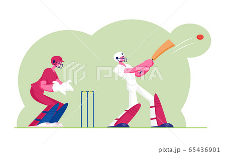 Cricket Tournament Concept. Batsman in Professional Uniform Hitting Ball with Bat, Sportsmen Playing Traditional Game, Sports Championship Event, Outdoors Activity. Cartoon Flat Vector Illustration 65436901