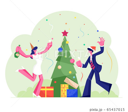 New Year or Christmas Celebration at Work with Champagne, Decorated Xmas Tree, Gifts and Confetti. Happy Company of Colleagues or Business People Fun in Office Party. Cartoon Flat Vector Illustration 65437015