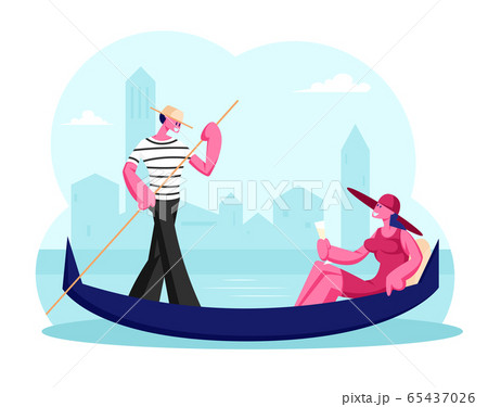 Happy Woman Sitting in Gondola with Champagne Glass in Hand, Man Gondolier Floating Boat at Canal in Venice. Female Tourist Having Trip or Romantic Tour to Italy. Cartoon Flat Vector Illustration 65437026