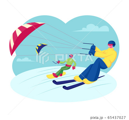 Happy Snowboarder and Skier with Kite Riding Downhills by Snowdrifts. Extreme Winter Sport Outdoors Activity, Ski Resort Recreation, Skis and Snowboard Kiting Hobby. Cartoon Flat Vector Illustration Happy Snowboarder and Skier with Kite Riding Downhills by Snowdrifts. Extreme Winter Sport Outdoors Activity, Ski Resort Recreation, Skis and Snowboard Kiting Hobby. Cartoon Flat Vector Illustration 65437027