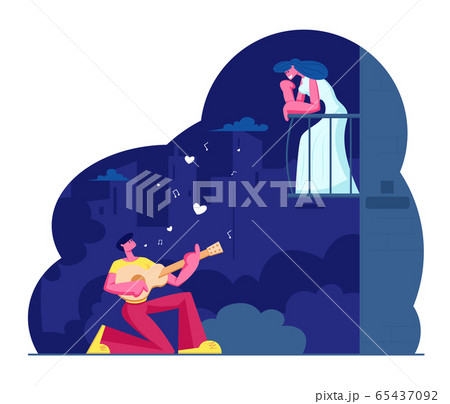 Man Play Guitar Sing Song to Woman on Balcony. Guitarist Serenade at Moonlight on Night City Street. Girl Listen Music. Couple Love Relationship, Romantic Evening Date Cartoon Flat Vector Illustration 65437092