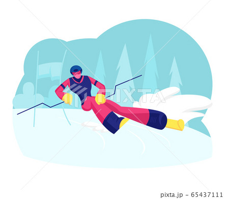 Ski Slalom Winter Sports. Young Man Wearing Sportive Costume and Helmet Going Downhill by Skis on Nature Background. Outdoors Spare Time, Sport Wintertime Activity. Cartoon Flat Vector Illustration Ski Slalom Winter Sports. Young Man Wearing Sportive Costume and Helmet Going Downhill by Skis on Nature Background. Outdoors Spare Time, Sport Wintertime Activity. Cartoon Flat Vector Illustration 65437111