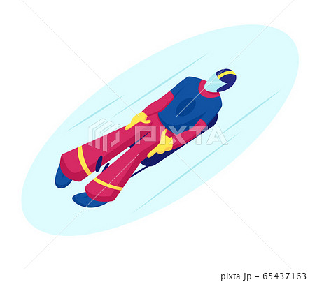 Skeleton Sport. Athlete in Sportswear and Helmet Lying on Sleigh Face Up Descend on Ice Track Sportsman Riding Sled Take Part in Olympic Game Winter Sports Competition Cartoon Flat Vector Illustration 65437163