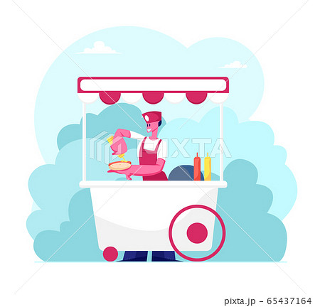 Saleswoman Wearing Uniform Stand in Wheeled Booth with Hotdogs in City Park at Summer Time. Street Food and Beverages Concept. Seller Sell Fastfood to Walking People. Cartoon Flat Vector Illustration 65437164
