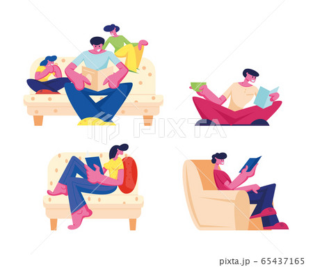 Happy Family Reading Hobby Home Spare Time Set Isolated on White Background. Male and Female Characters and Kids Spending Time in Relaxed Domestic Atmosphere with Book Cartoon Flat Vector Illustration 65437165