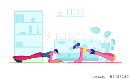 Young Fit Sporty Woman and Man Doing Plank at Home. Family Couple Hard Difficult Fitness Exercise or Push Press Ups. Sports Training Endurance, Healthy Sport Workout. Cartoon Flat Vector Illustration 65437180