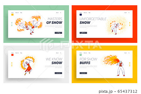 Fire Show Entertainment, Performance Landing Page Template Set. Characters Dance and Juggle with Flame on Stage 65437312
