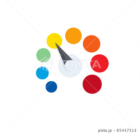 Watercolor palette paints logo on white background. Isolated colorful Business performance level indicator, review scale logotype. Round speedometer, tempterature sensor vector illustration. 65437313