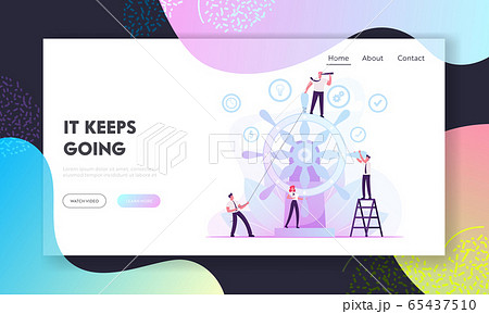 Corporate Governance and Team Work Website Landing Page. Businesspeople Moving Huge Steering Wheel 65437510