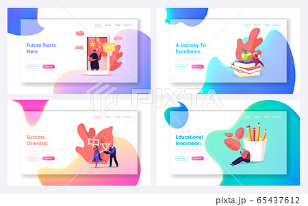 Characters Learning Chinese Language Course Online Landing Page Template Set. Tiny People around Huge Smartphone 65437612