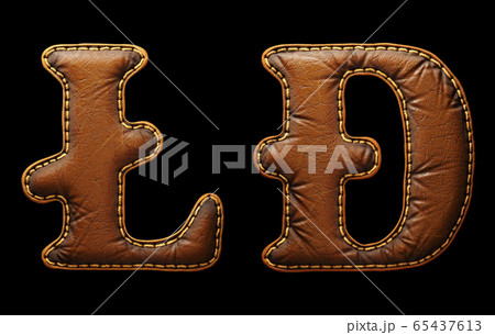 Set of symbols litecoin and dashcoin made of leather. 3D render font with skin texture isolated on black background. 65437613
