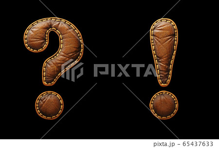 Set of symbols question mark and exclamation mark made of leather. 3D render font with skin texture isolated on black background. 65437633