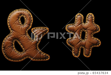 Set of symbols ampersand and hash made of leather. 3D render font with skin texture isolated on black background. 65437634