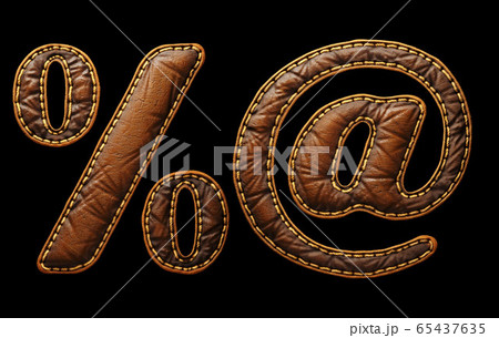 Set of symbols percent and at made of leather. 3D render font with skin texture isolated on black background. 65437635