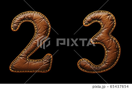 Set of numbers 2, 3 made of leather. 3D render font with skin texture isolated on black background. Set of numbers 2, 3 made of leather. 3D render font with skin texture isolated on black background. 65437654