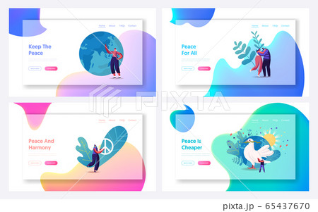 International Day of Peace Landing Page Template Set. Tiny Characters Hugging, Throw Out Gun to Litter Bin 65437670