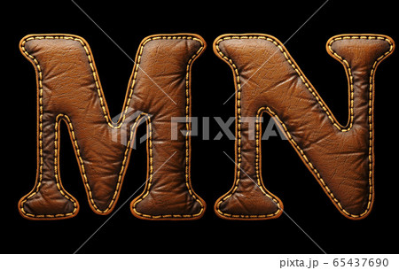Set of leather letters M, N uppercase. 3D render font with skin texture isolated on black background. Set of leather letters M, N uppercase. 3D render font with skin texture isolated on black background. 65437690