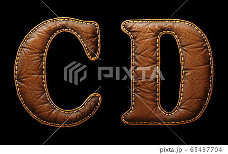 Set of leather letters C, D uppercase. 3D render font with skin texture isolated on black background. Set of leather letters C, D uppercase. 3D render font with skin texture isolated on black background. 65437704