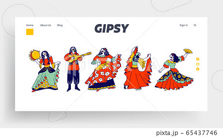 Gypsy Ensemble Dancing and Playing on Musical Instruments Website Landing Page. Romany Man with Guitar and Gipsy 65437746