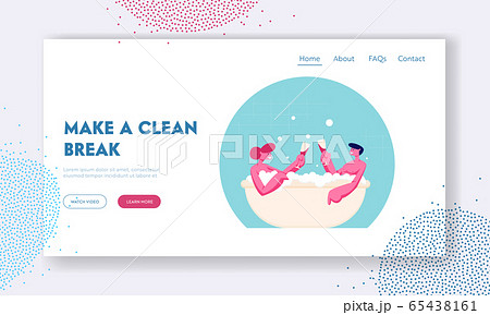 Young Lovers Couple Sitting in Bathtub with Foam Drinking Wine Website Landing Page. Taking Sauna and Spa Water Procedure. Relaxation Body Care Therapy Web Page Banner Cartoon Flat Vector Illustration 65438161