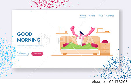 Man Waking Up at Morning in Good Mood Website Landing Page. Awaken Happy Male Character Stretching Sitting on his Bed 65438263