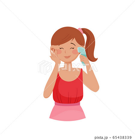 Young Girl with Ponytail Massaging Her Face with Facial Roller Vector Illustration 65438339