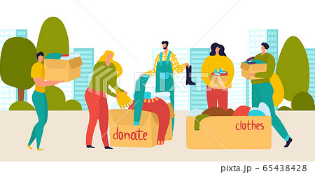 Volunteers donate people with cloths and things boxes, social help, charity, care for homeless and support flat vector illustration. 65438428
