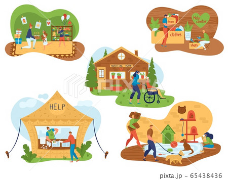 Volunteers help senior and disabled people, food charity, care for homeless, social support project flat vector illustration. Volunteers help senior and disabled people, food charity, care for homeless, social support project flat vector illustration. 65438436