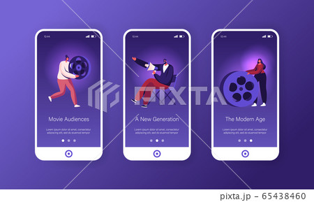 Movie Making Process Mobile App Page Onboard Screen Set. Director Using Megaphone, Staff Carry Huge Reel Film Bobbin. Film Recording Concept for Website or Web Page, Cartoon Flat Vector Illustration 65438460