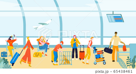 Tourists with baggage suitcases in airport, travellers people at terminal in airports lounge flat vector illustration. Tourists with baggage suitcases in airport, travellers people at terminal in airports lounge flat vector illustration. 65438461