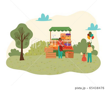 Summer park with food festival for family time concept isolated on white vector illustration. People sell food fruits from stalls in park. 65438476