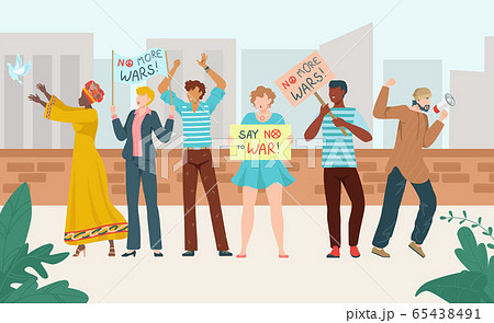 Rally protest people crowd with placards, political demonstration, group of multinational demonstrators flat vector illustration. 65438491