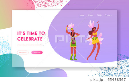 Rio Carnival with Entertainment Show Program Website Landing Page. Excited Drummer Playing Drums, Beautiful Girl 65438567
