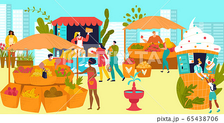 Market stalls with farmers selling vegetables and fruits, street food festival flat vector illustration. People sell food from kiosks, shops. Market stalls with farmers selling vegetables and fruits, street food festival flat vector illustration. People sell food from kiosks, shops. 65438706