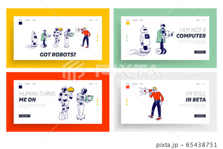 Chatbot Assistance, Human and People Interaction Website Landing Page Set. Cyborgs Waiter, Business Assistant Bot 65438751