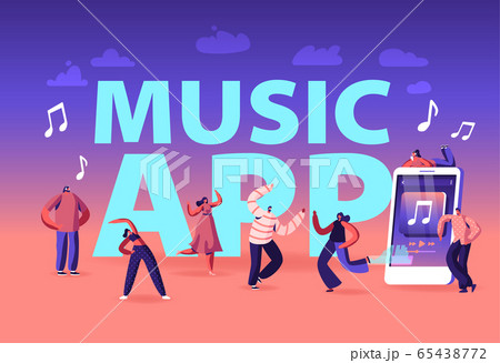 Music App Concept. Young People Wearing Headset Listening Sound Tracks on Mobile Phone. Girl Doing Fitness Exercises 65438772